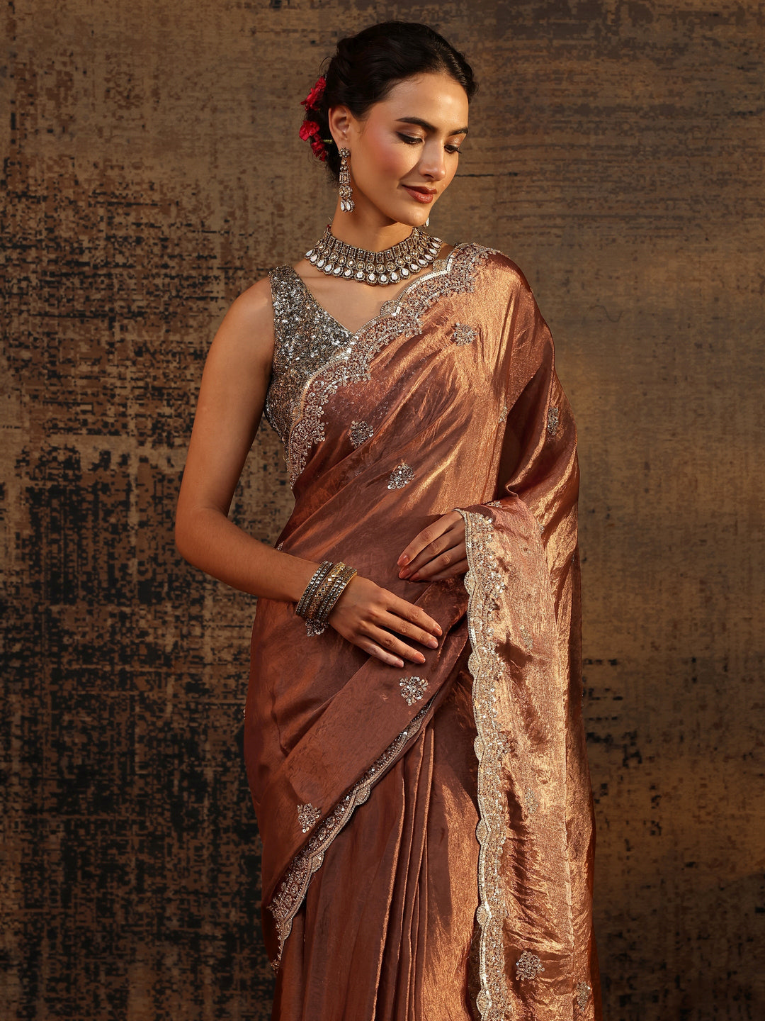  Brown Embellished Tissue Saree With Unstitched Blouse Piece 