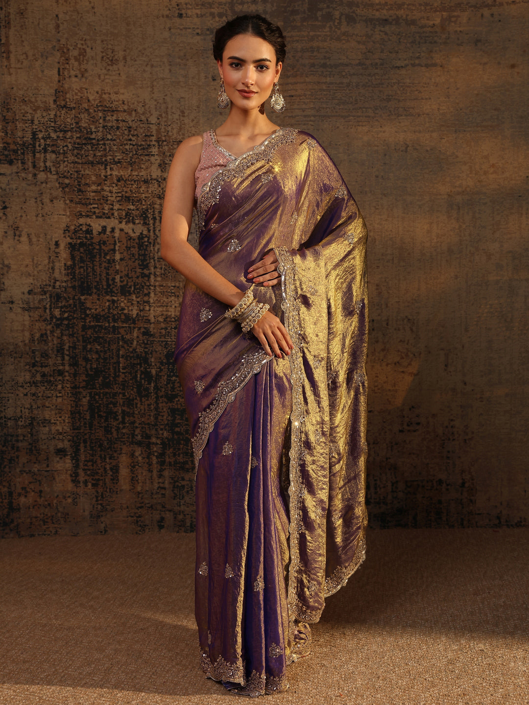  Libas Lavender Embellished Tissue Saree With Unstitched Blouse Piece 