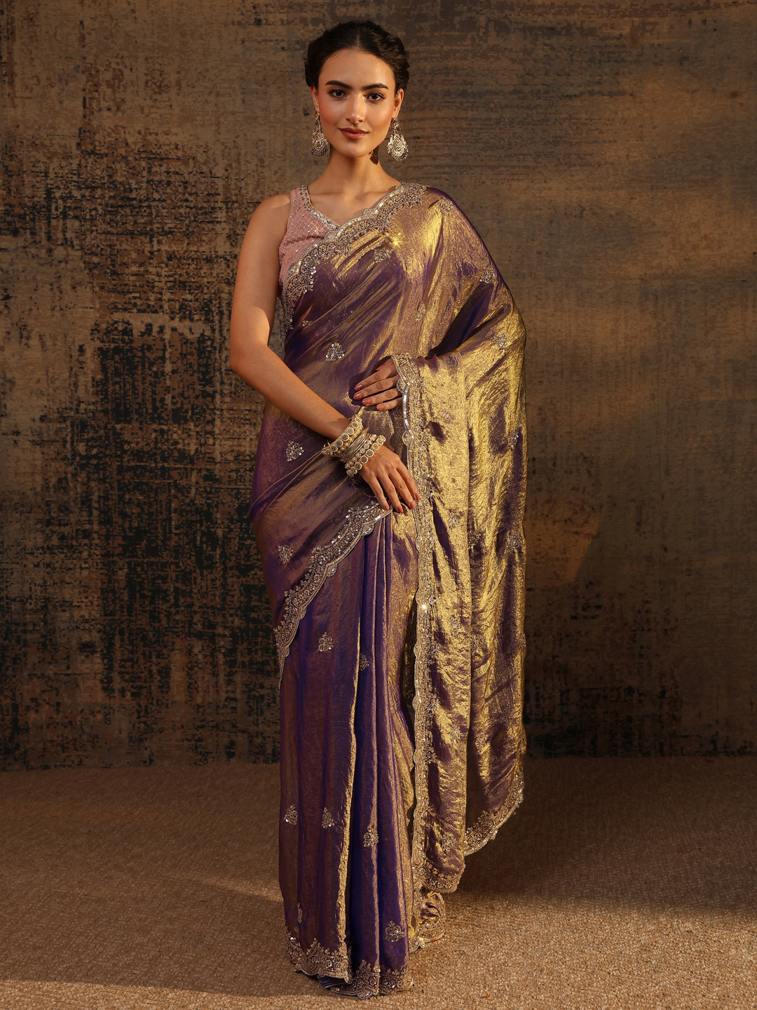  Lavender Embellished Tissue Saree With Unstitched Blouse Piece 