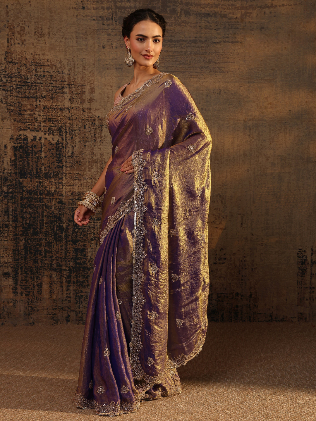  Libas Lavender Embellished Tissue Saree With Unstitched Blouse Piece 