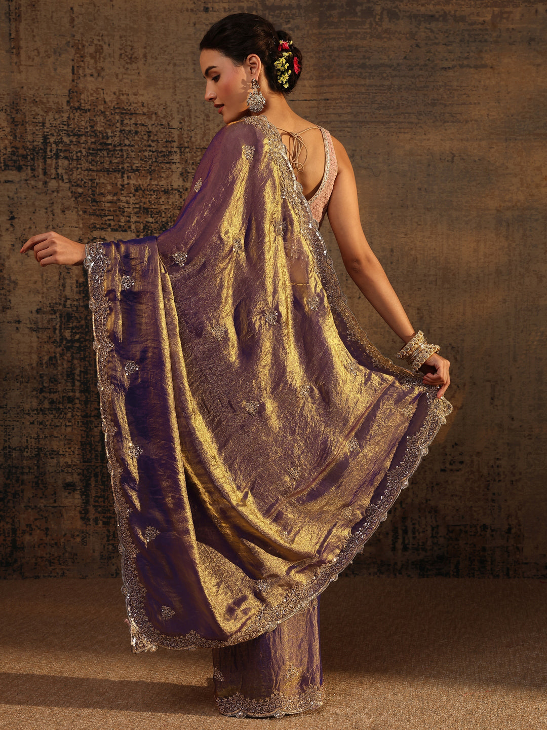  Libas Lavender Embellished Tissue Saree With Unstitched Blouse Piece 