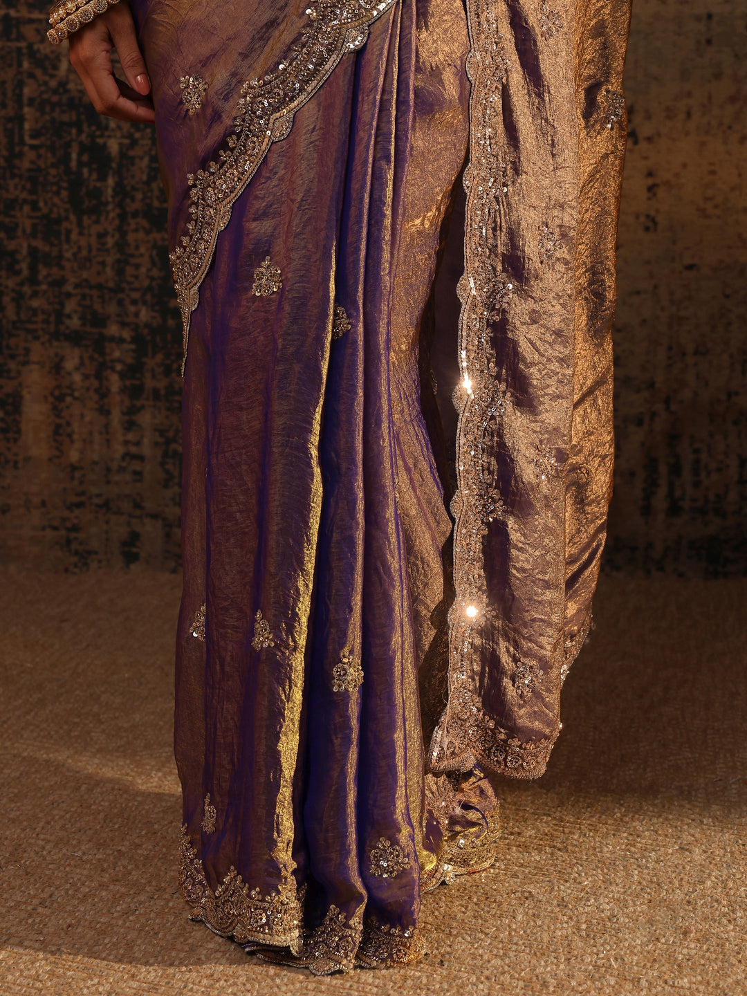  Libas Lavender Embellished Tissue Saree With Unstitched Blouse Piece 