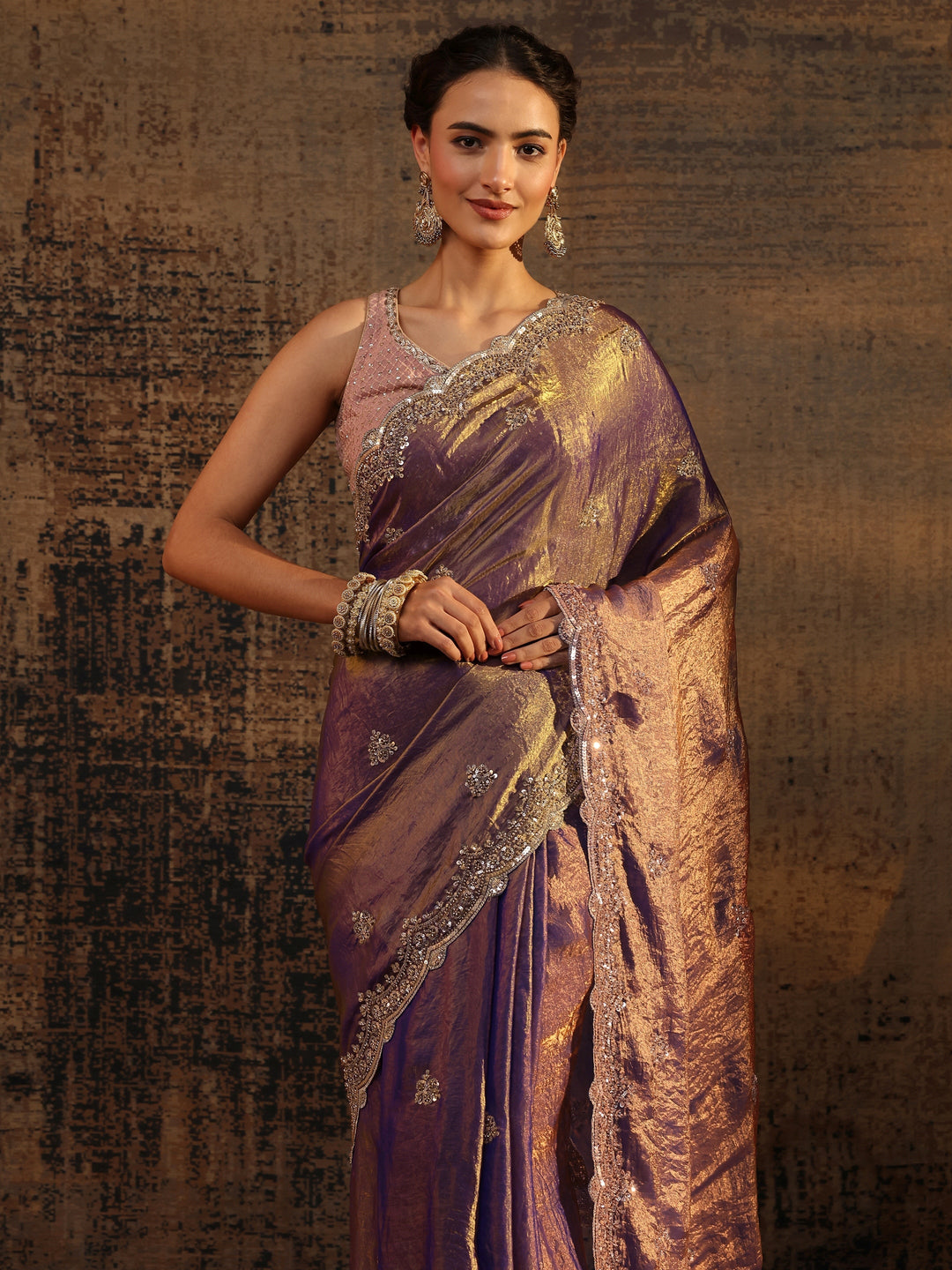  Libas Lavender Embellished Tissue Saree With Unstitched Blouse Piece 