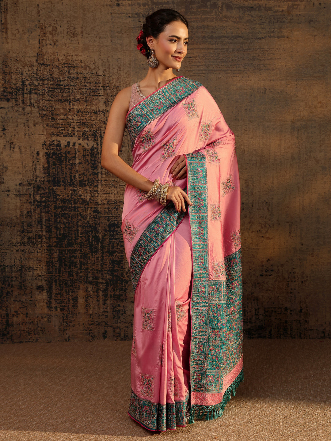  Libas Pink Ethnic Motifs Embroidered Silk Blend Saree With Unstitched Blouse Piece 
