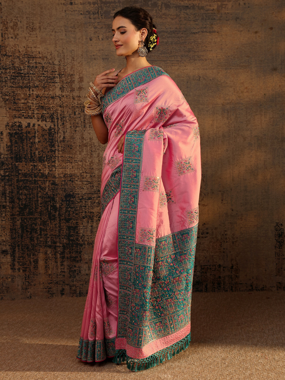  Libas Pink Ethnic Motifs Embroidered Silk Blend Saree With Unstitched Blouse Piece 