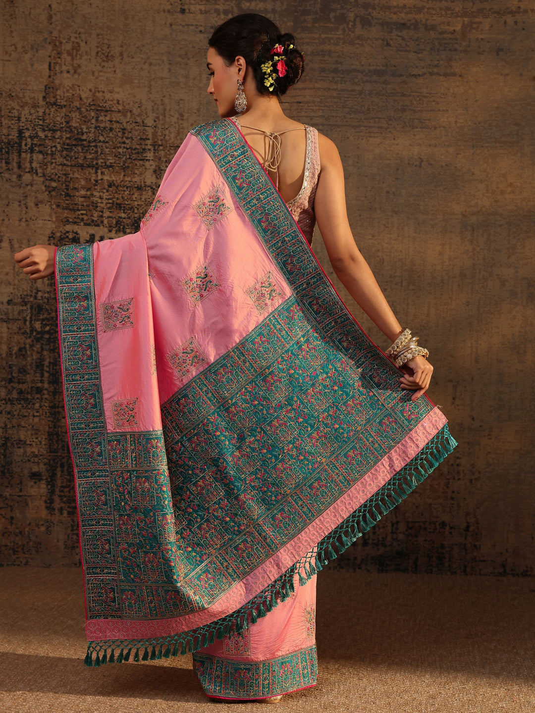  Libas Pink Ethnic Motifs Embroidered Silk Blend Saree With Unstitched Blouse Piece 