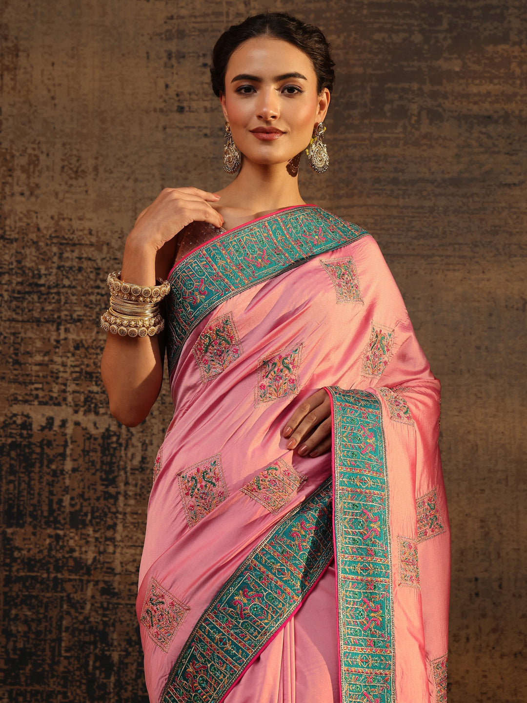  Libas Pink Ethnic Motifs Embroidered Silk Blend Saree With Unstitched Blouse Piece 