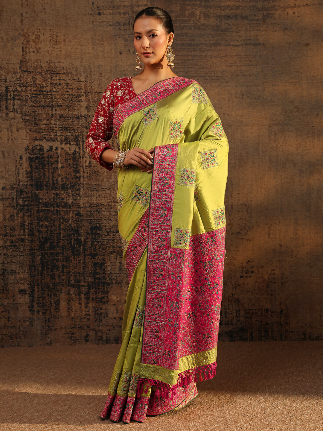  Green Ethnic Motifs Embroidered Silk Blend Saree With Unstitched Blouse Piece 