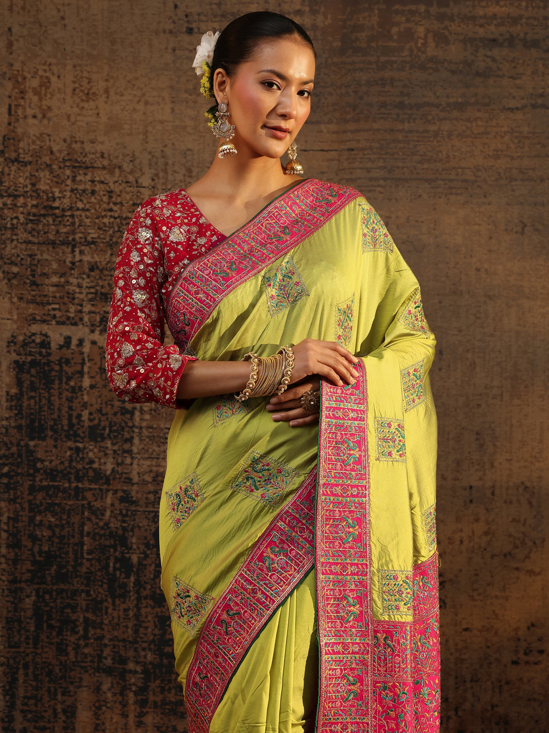  Green Ethnic Motifs Embroidered Silk Blend Saree With Unstitched Blouse Piece 