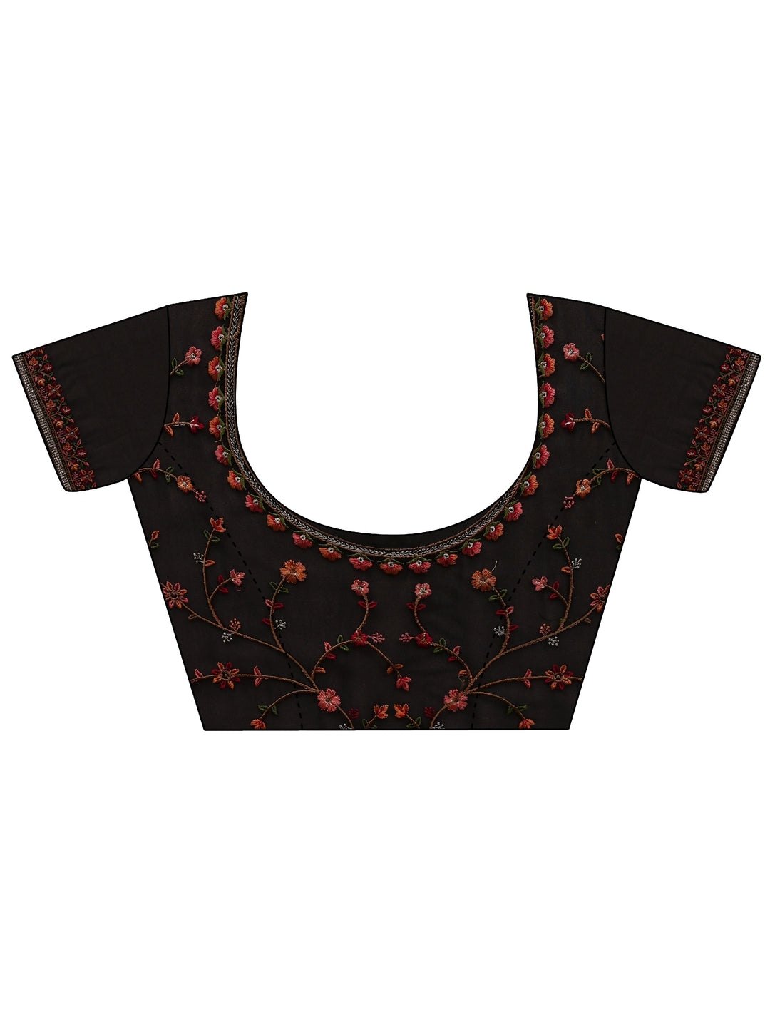  Black Floral Embroidered Net Saree With Unstitched Blouse Piece 