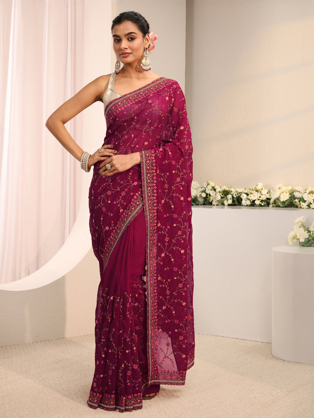  Pink Floral Embroidered Net Saree With Unstitched Blouse Piece 