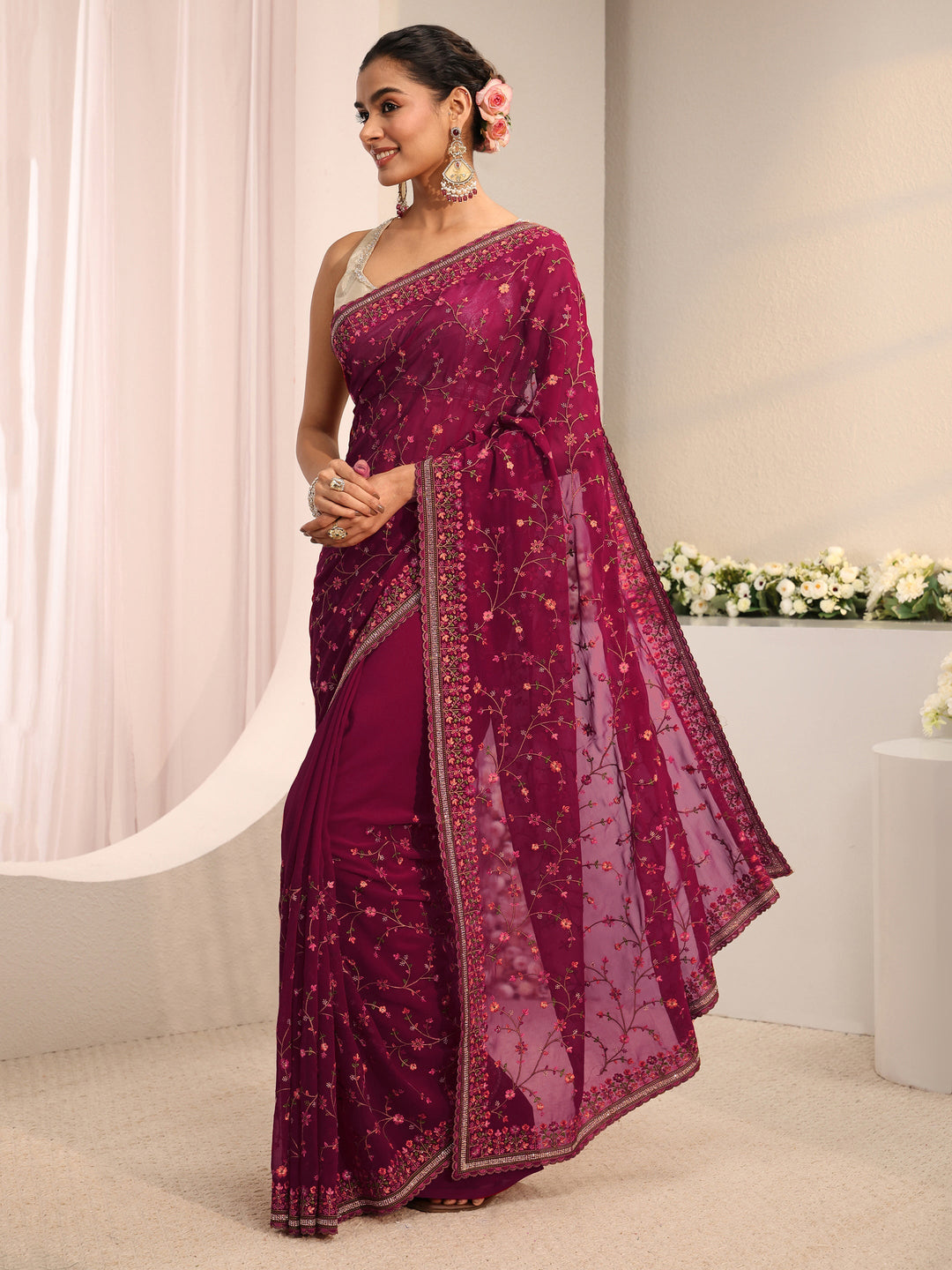  Libas Pink Floral Embroidered Net Saree With Unstitched Blouse Piece 