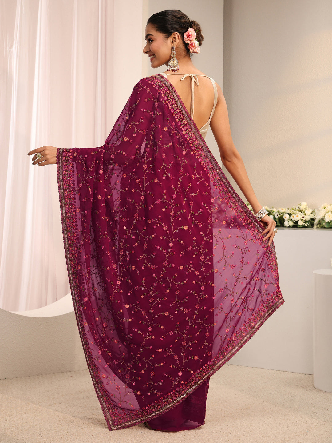  Libas Pink Floral Embroidered Net Saree With Unstitched Blouse Piece 