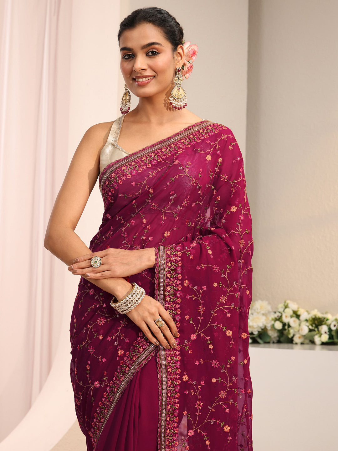 Libas Pink Floral Embroidered Net Saree With Unstitched Blouse Piece 
