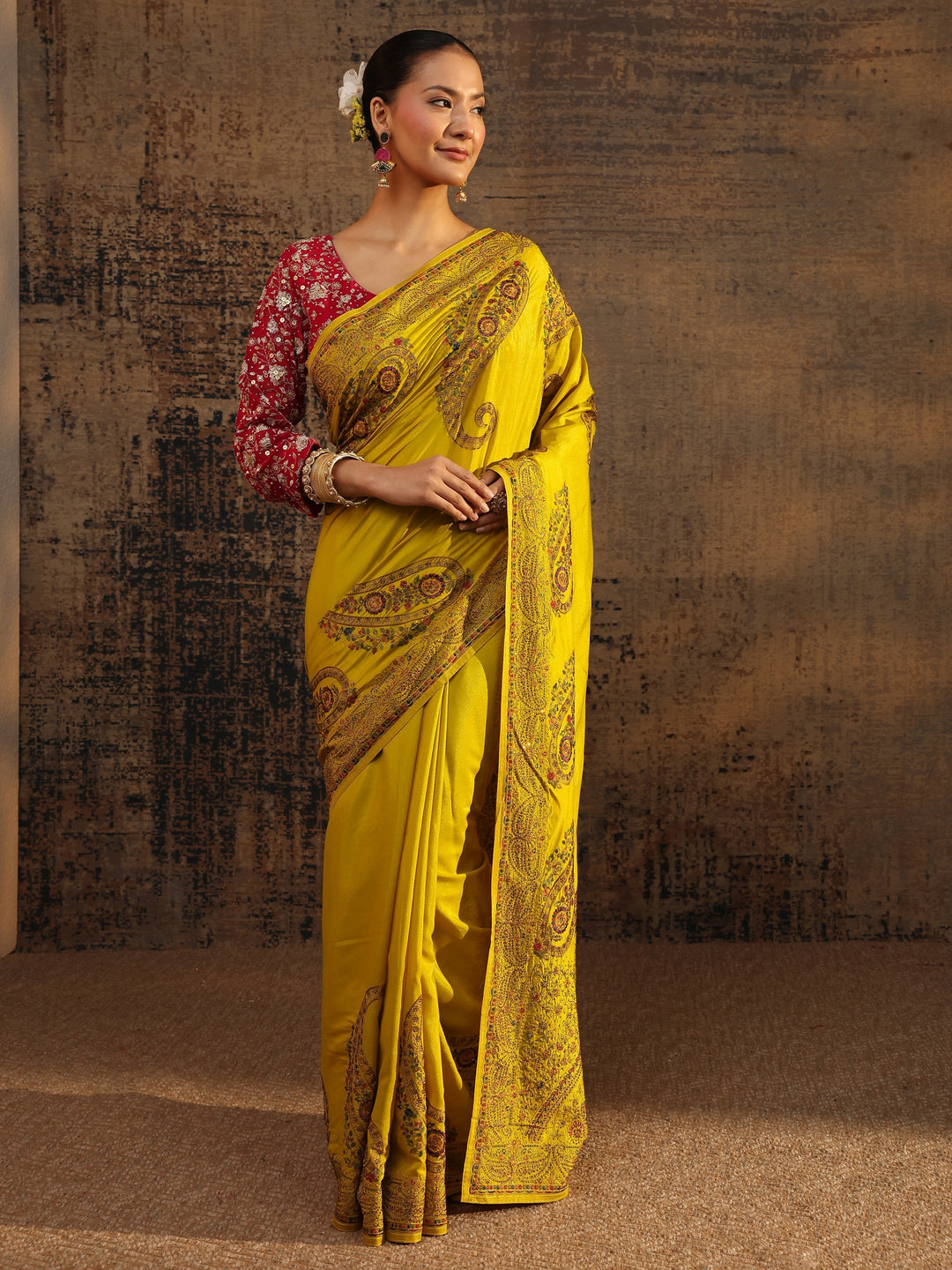  Libas Mustard Floral Embroidered Satin Saree With Unstitched Blouse Piece 
