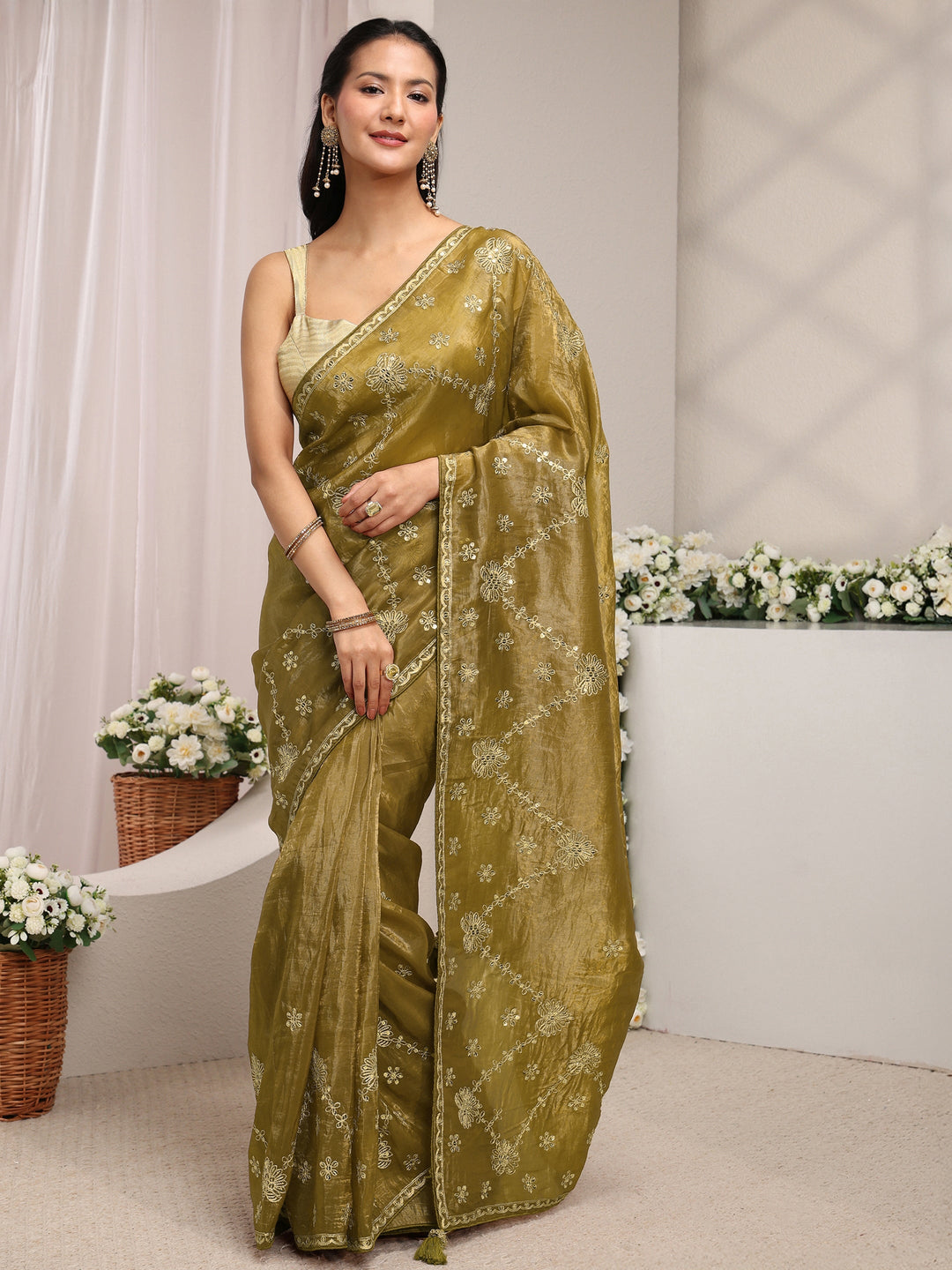  Olive Floral Embroidered Tissue Saree With Unstitched Blouse Piece 