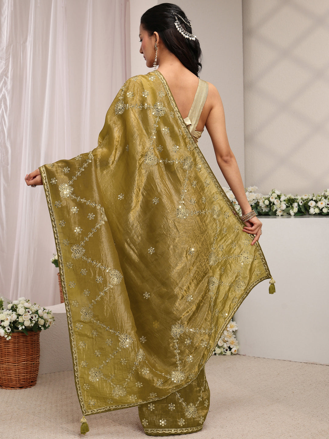  Olive Floral Embroidered Tissue Saree With Unstitched Blouse Piece 