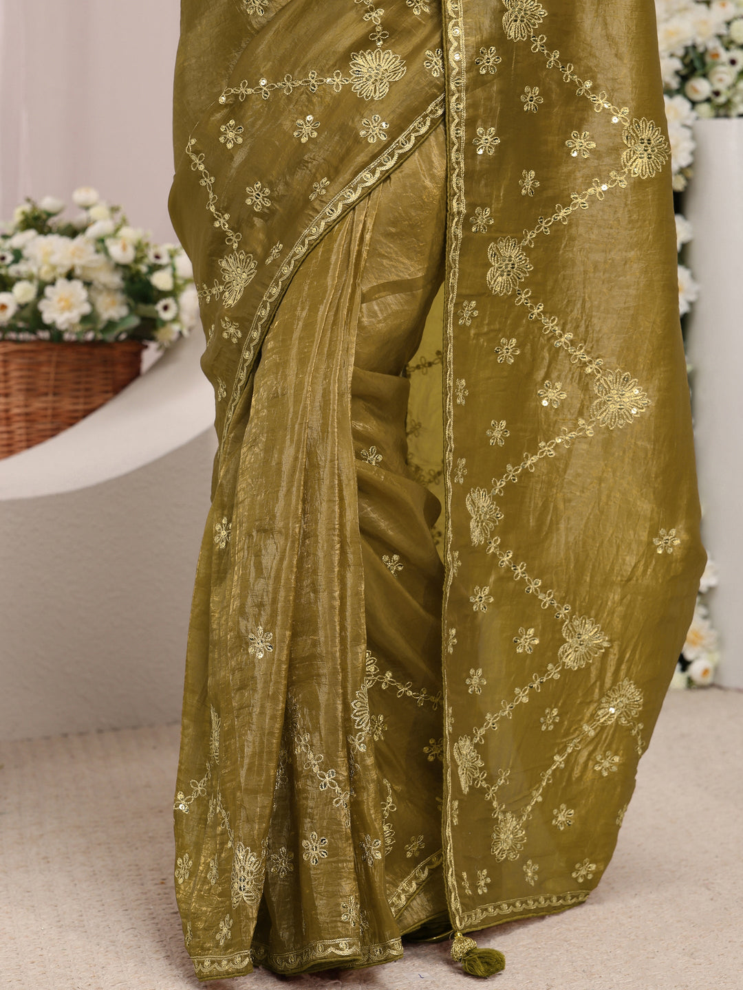  Olive Floral Embroidered Tissue Saree With Unstitched Blouse Piece 