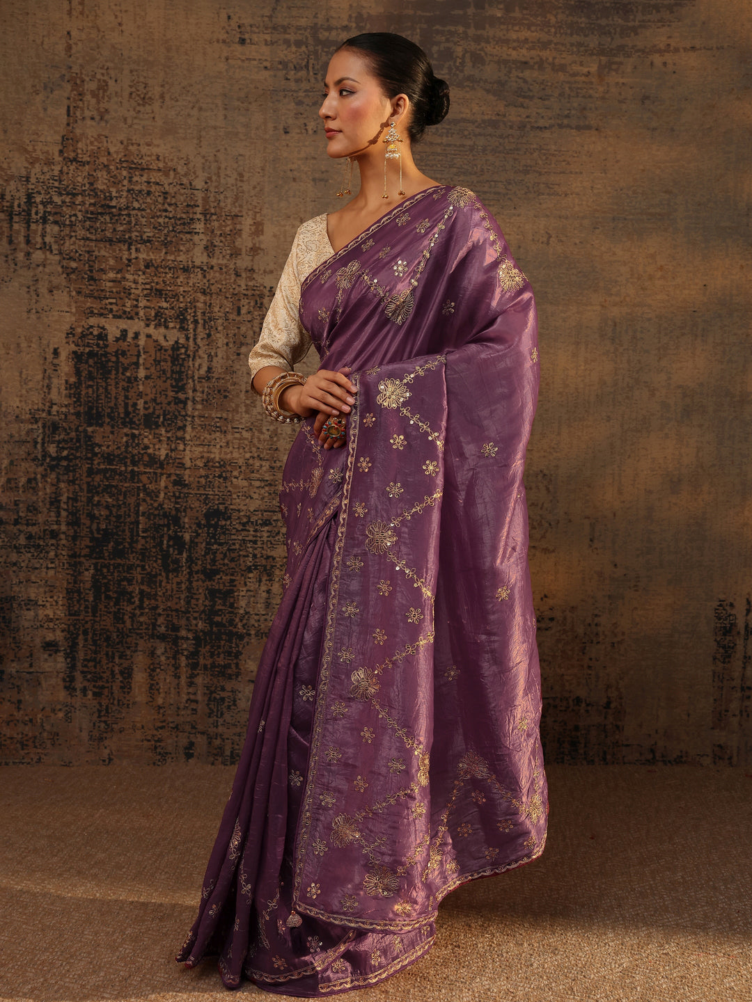  Purple Floral Embroidered Tissue Saree With Unstitched Blouse Piece 