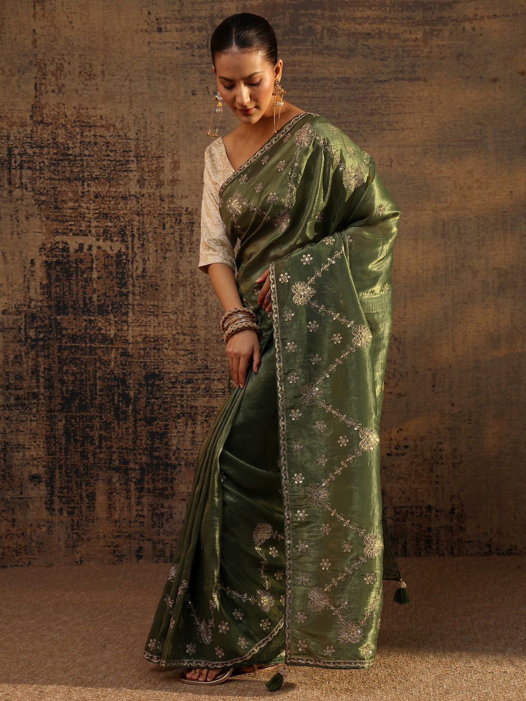  Green Floral Embroidered Tissue Saree With Unstitched Blouse Piece 