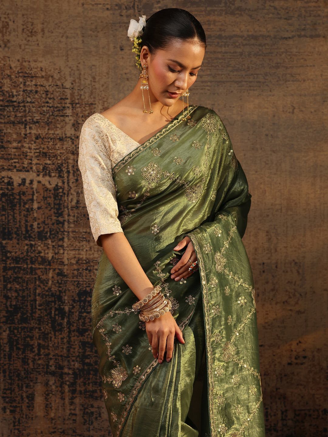  Green Floral Embroidered Tissue Saree With Unstitched Blouse Piece 