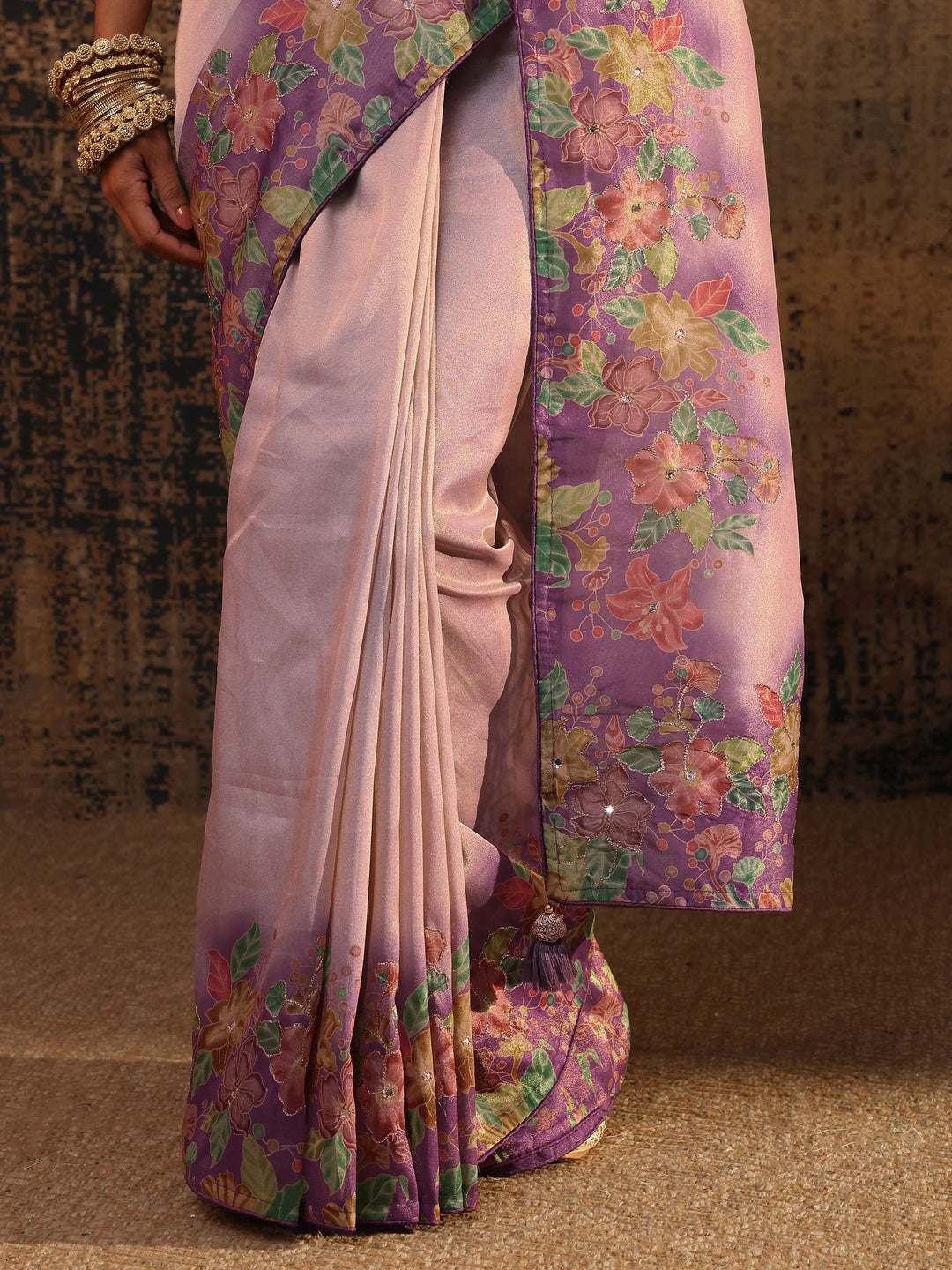  Lavender Floral Solid Tissue Saree With Unstitched Blouse Piece 