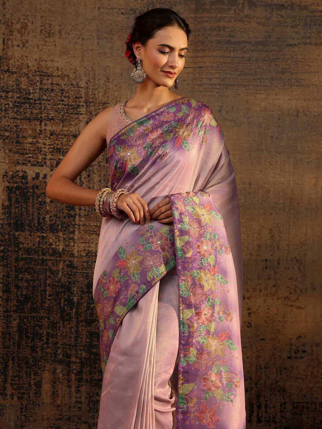  Lavender Floral Solid Tissue Saree With Unstitched Blouse Piece 