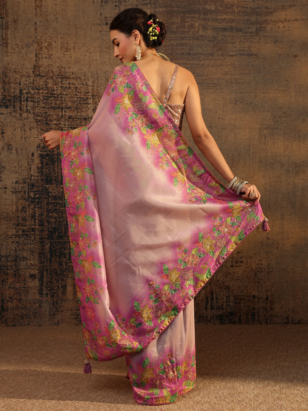  Pink Floral Solid Tissue Saree With Unstitched Blouse Piece 