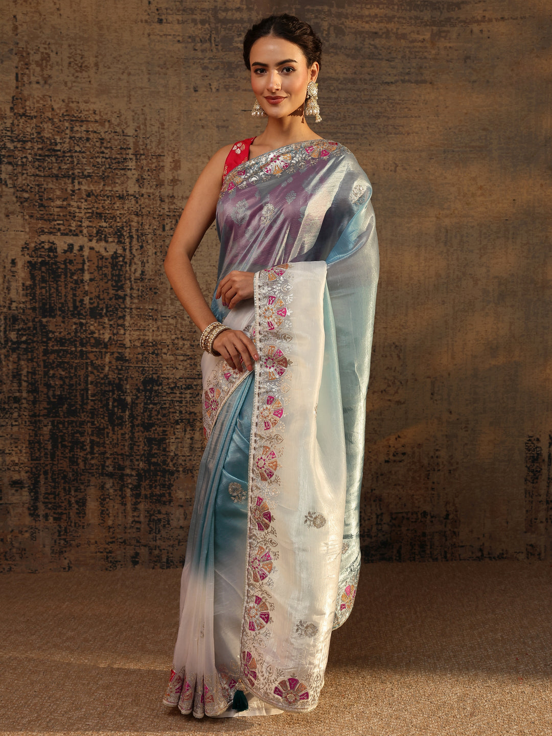  Blue Floral Embroidered Tissue Saree With Unstitched Blouse Piece 