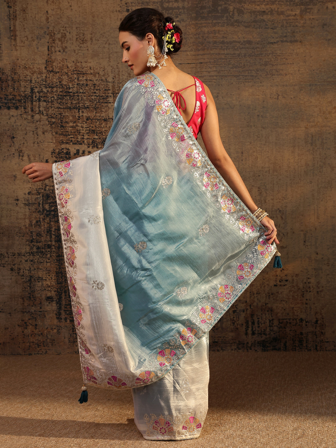  Blue Floral Embroidered Tissue Saree With Unstitched Blouse Piece 