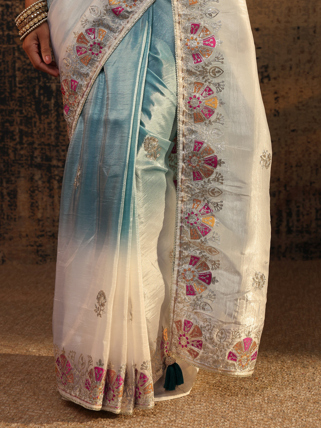  Blue Floral Embroidered Tissue Saree With Unstitched Blouse Piece 