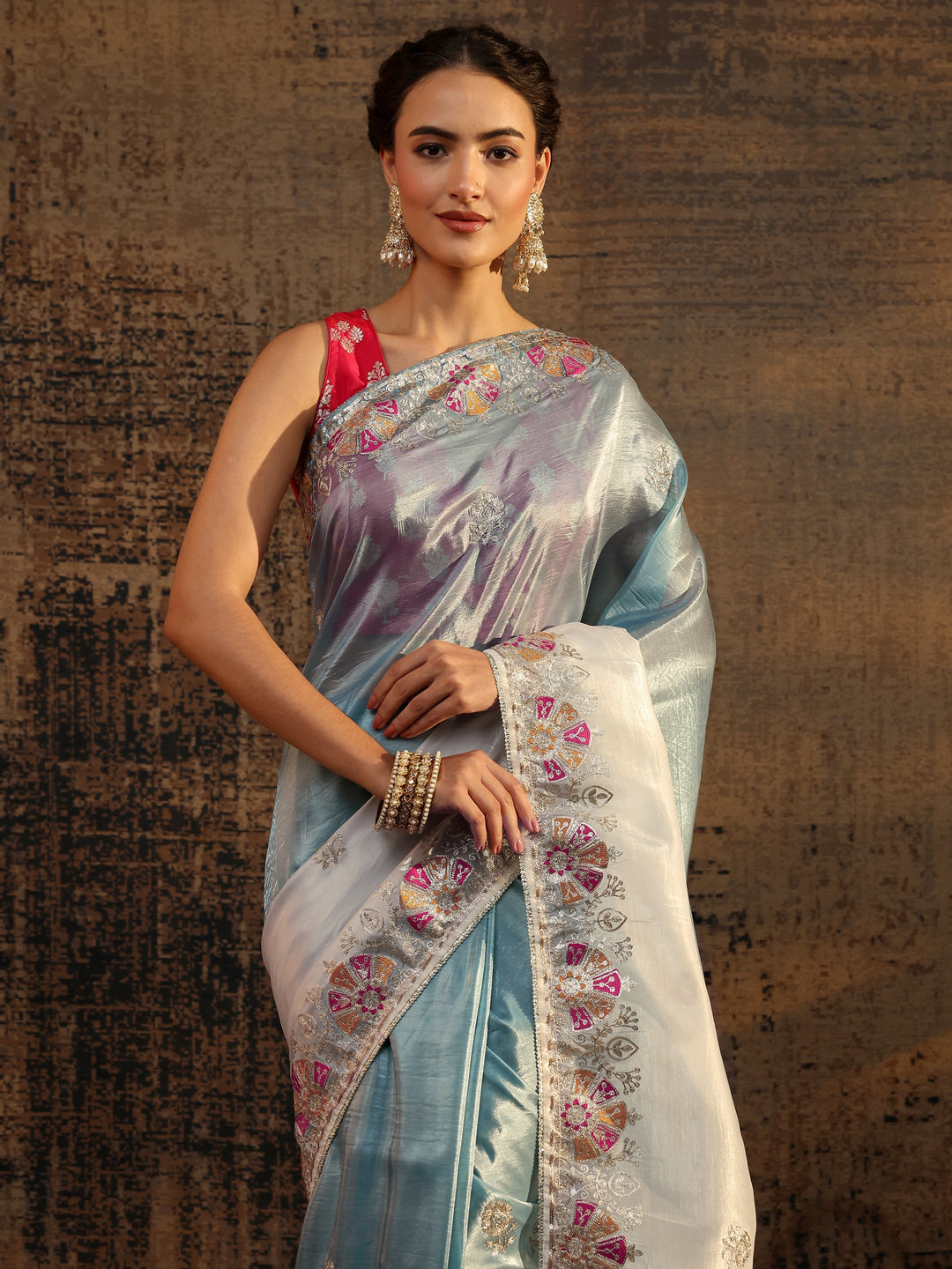  Blue Floral Embroidered Tissue Saree With Unstitched Blouse Piece 