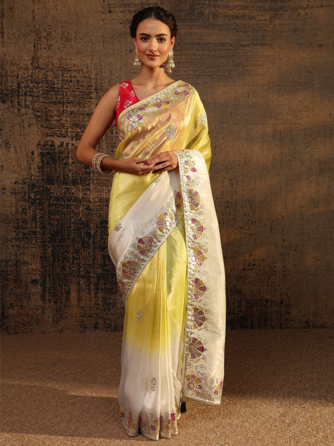  Yellow Floral Embroidered Tissue Saree With Unstitched Blouse Piece 