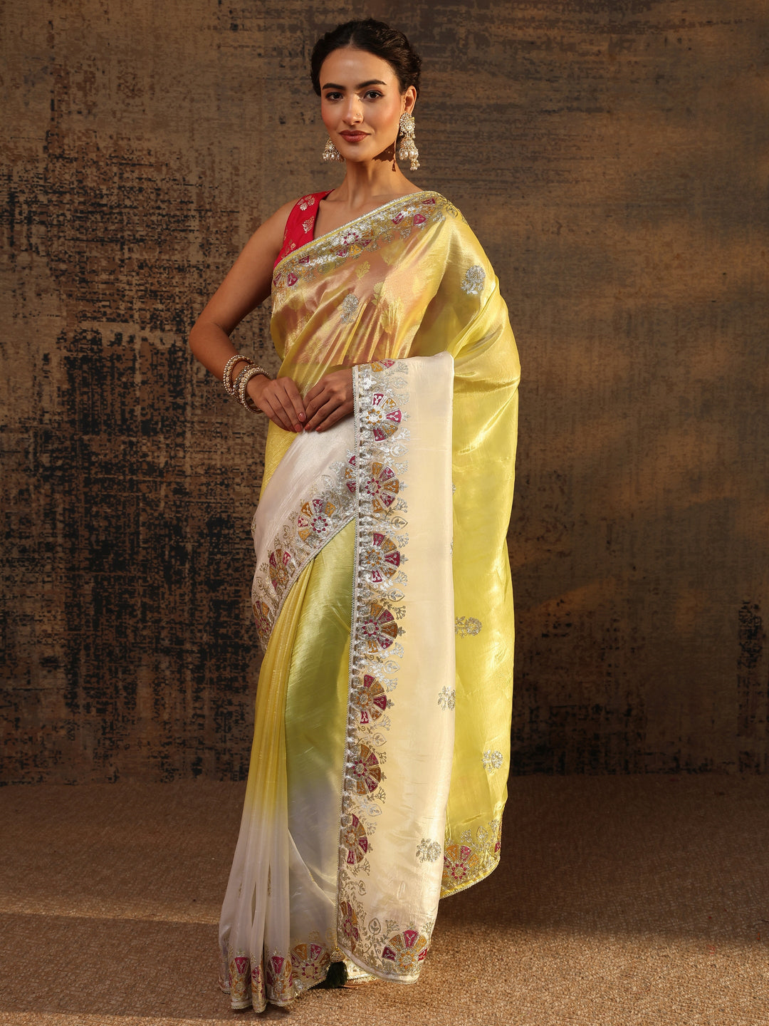  Yellow Floral Embroidered Tissue Saree With Unstitched Blouse Piece 