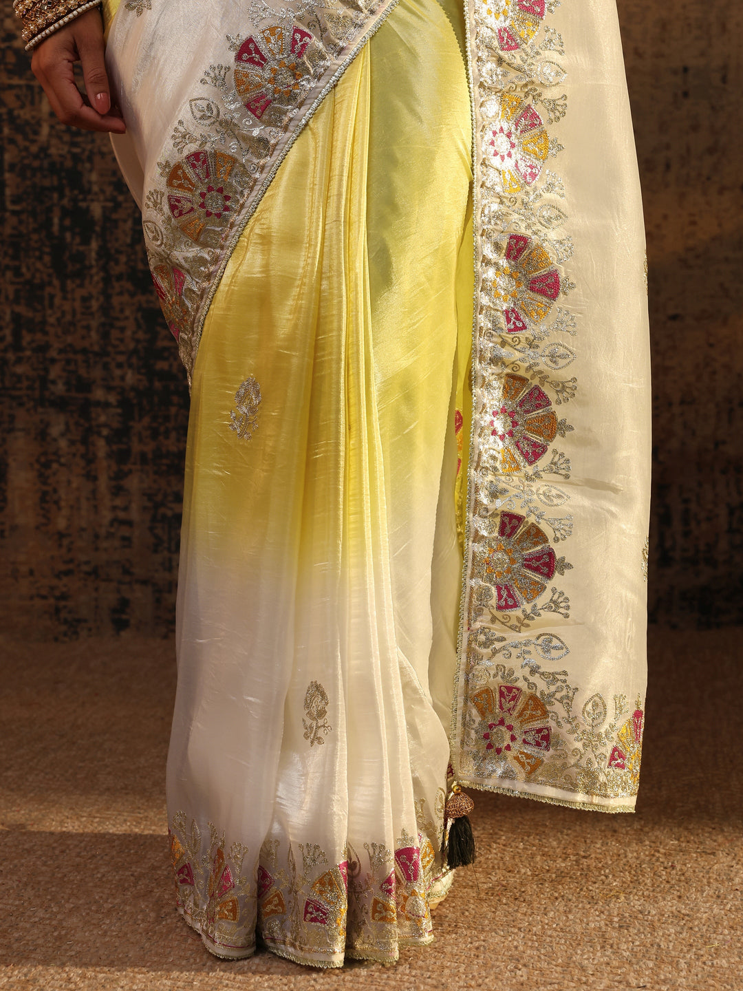  Yellow Floral Embroidered Tissue Saree With Unstitched Blouse Piece 