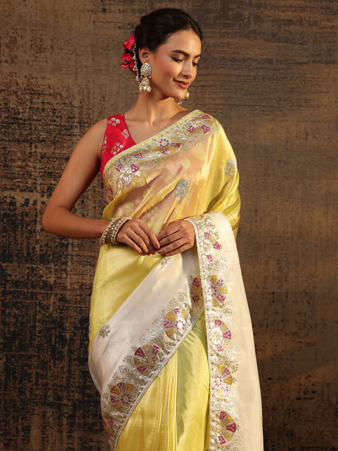  Yellow Floral Embroidered Tissue Saree With Unstitched Blouse Piece 