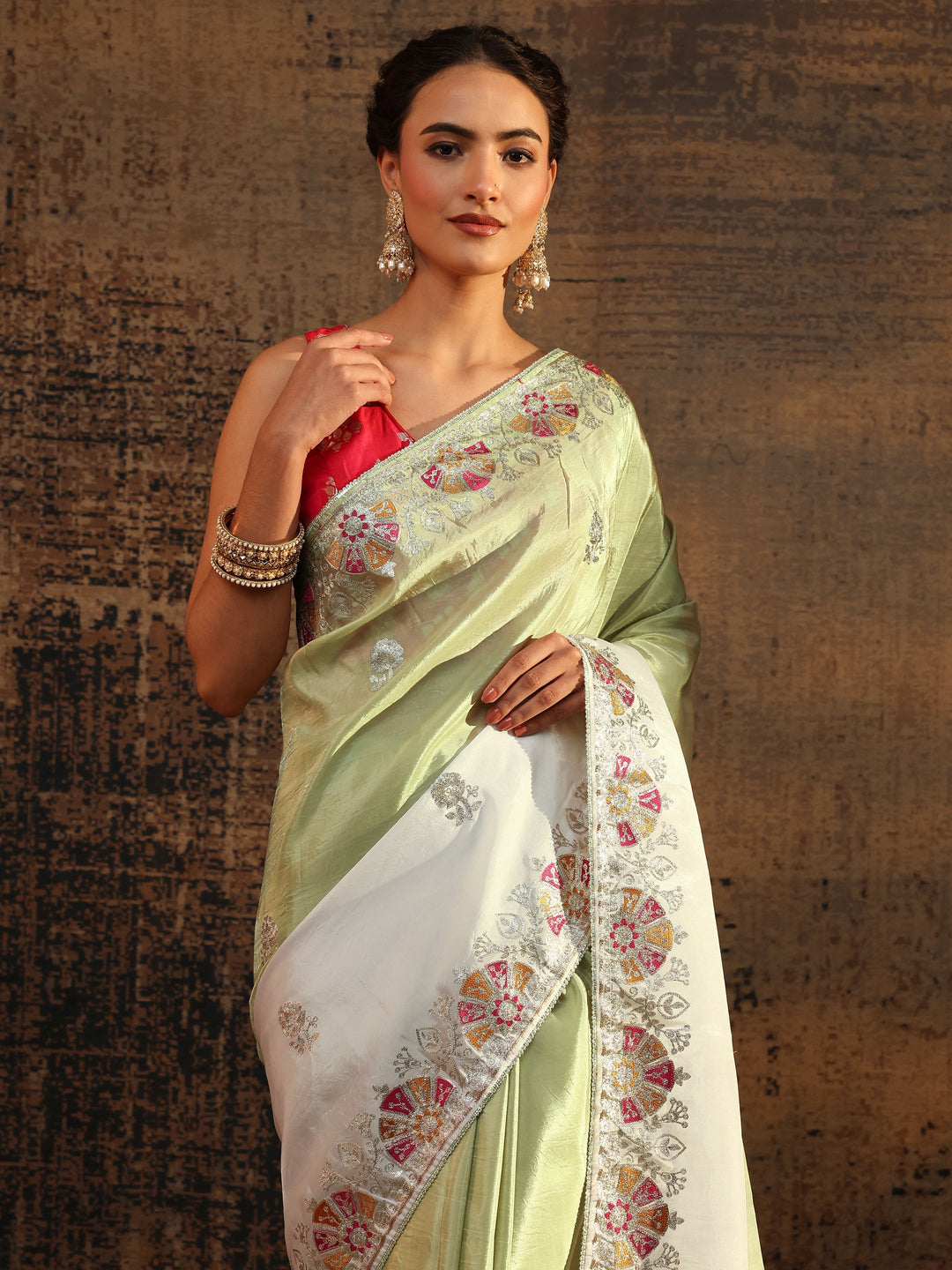  Green Floral Embroidered Tissue Saree With Unstitched Blouse Piece 