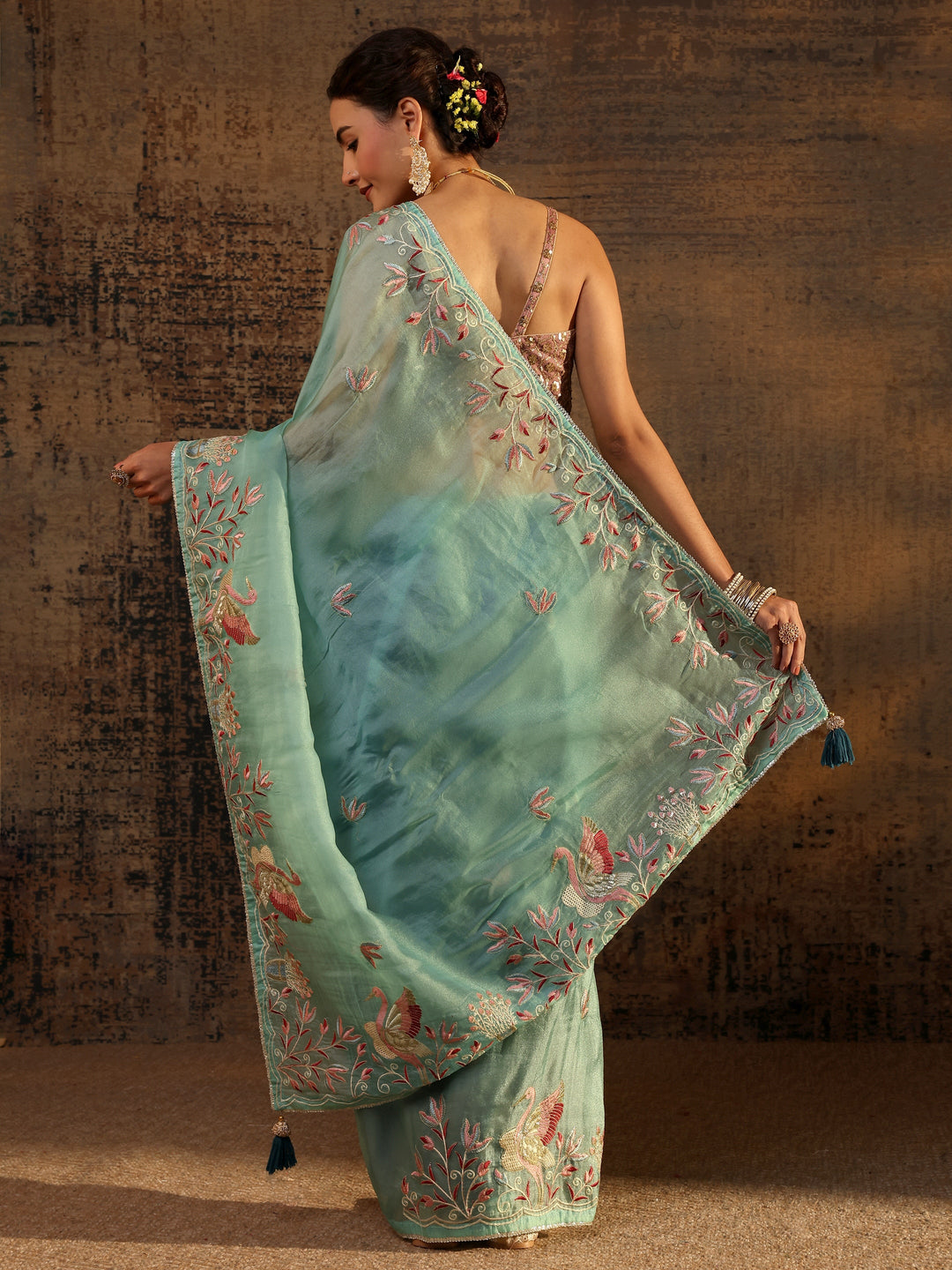  Blue Floral Embroidered Tissue Saree With Unstitched Blouse Piece 