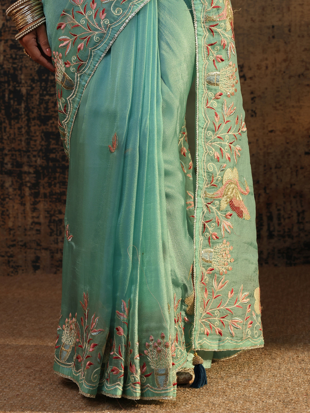 Blue Floral Embroidered Tissue Saree With Unstitched Blouse Piece 