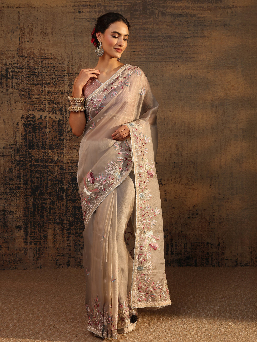  Taupe Floral Embroidered Organza Saree With Unstitched Blouse Piece 