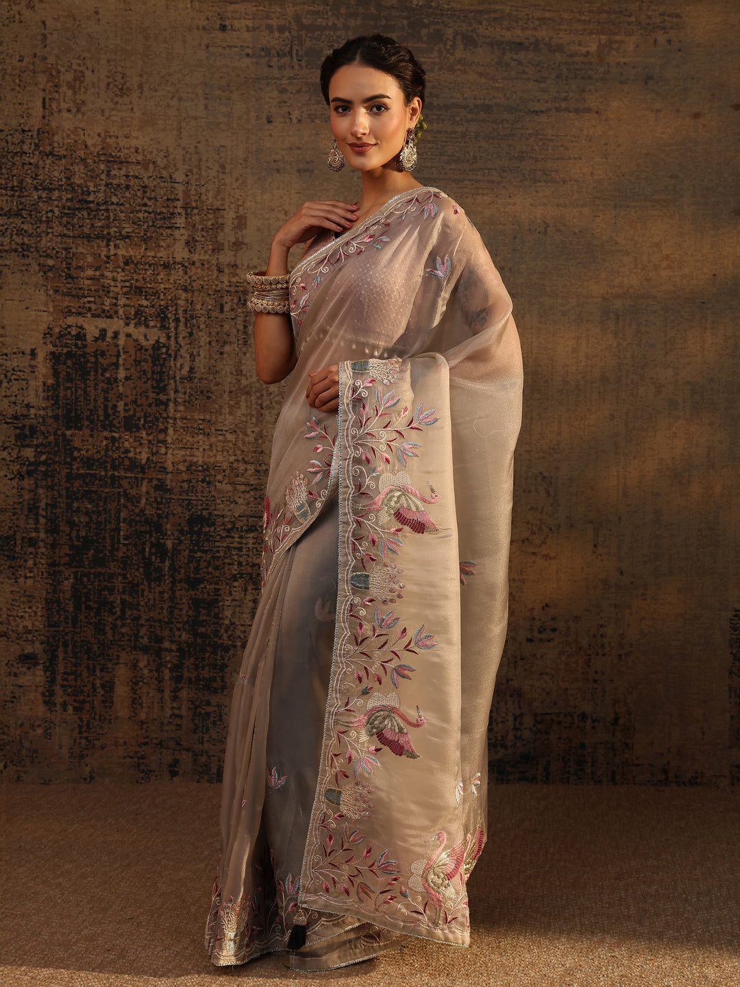  Libas Taupe Floral Embroidered Organza Saree With Unstitched Blouse Piece 