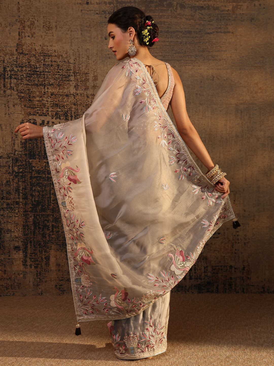  Taupe Floral Embroidered Organza Saree With Unstitched Blouse Piece 