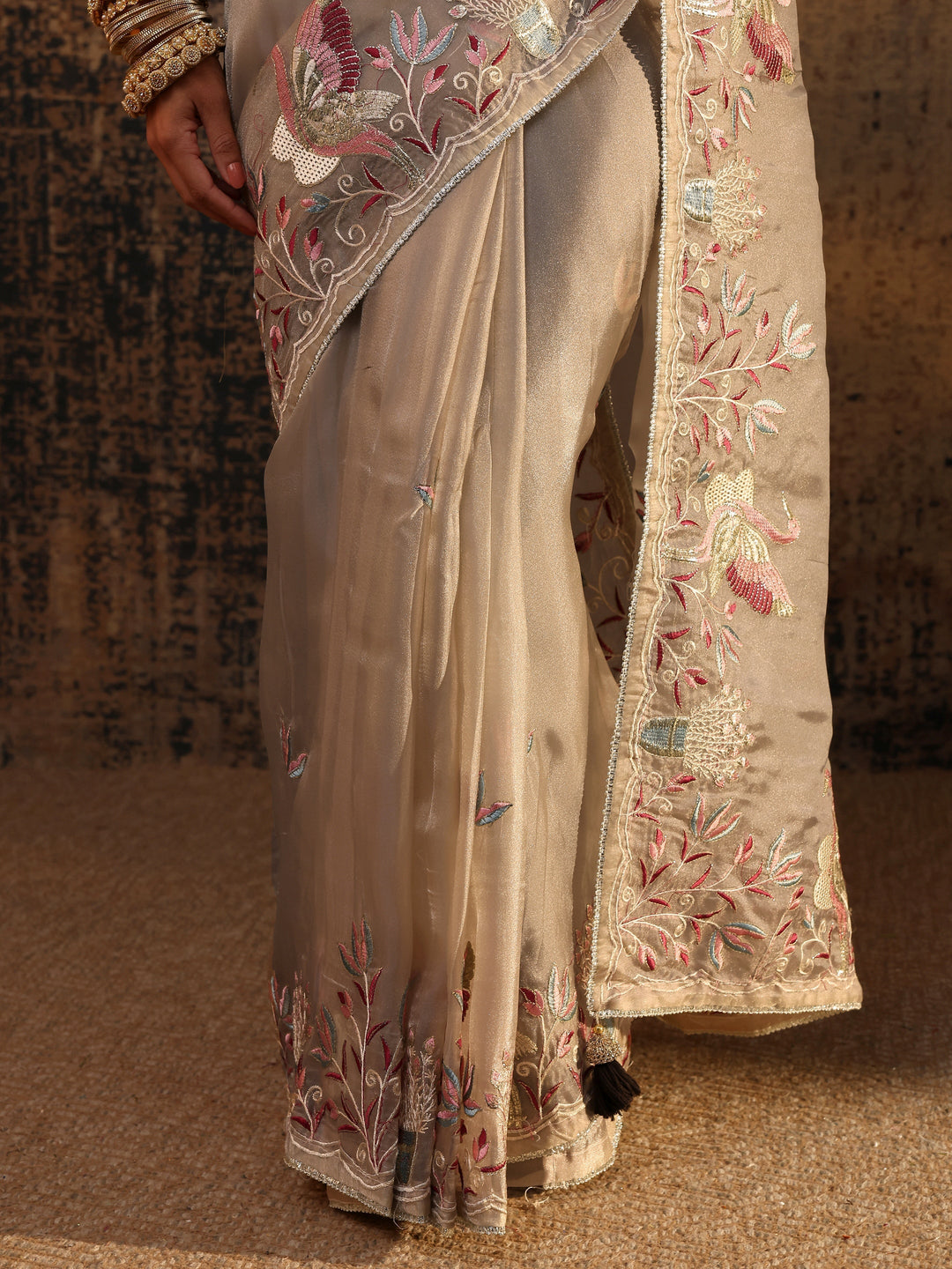  Libas Taupe Floral Embroidered Organza Saree With Unstitched Blouse Piece 