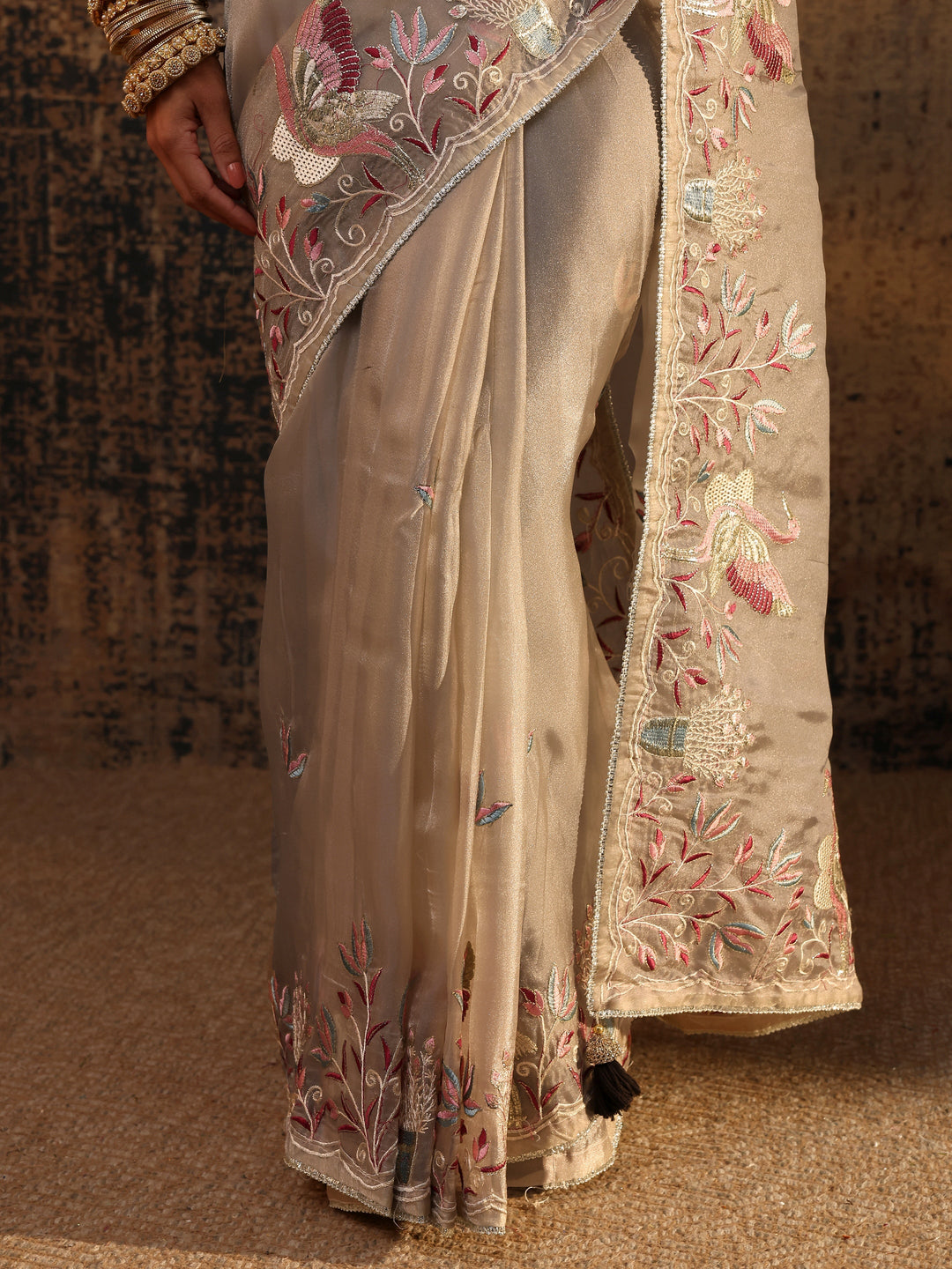  Taupe Floral Embroidered Organza Saree With Unstitched Blouse Piece 