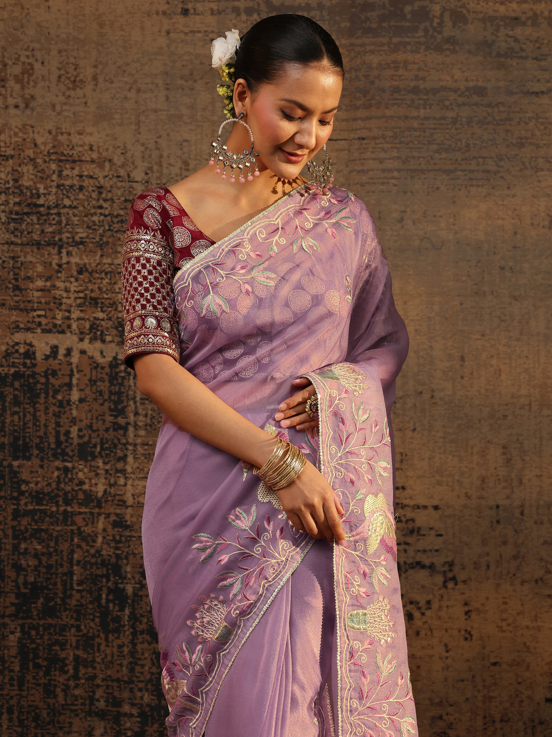  Purple Floral Embroidered Organza Saree With Unstitched Blouse Piece 