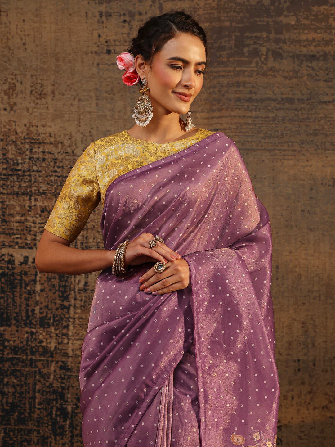  Purple Floral Embroidered Tissue Saree With Unstitched Blouse Piece 