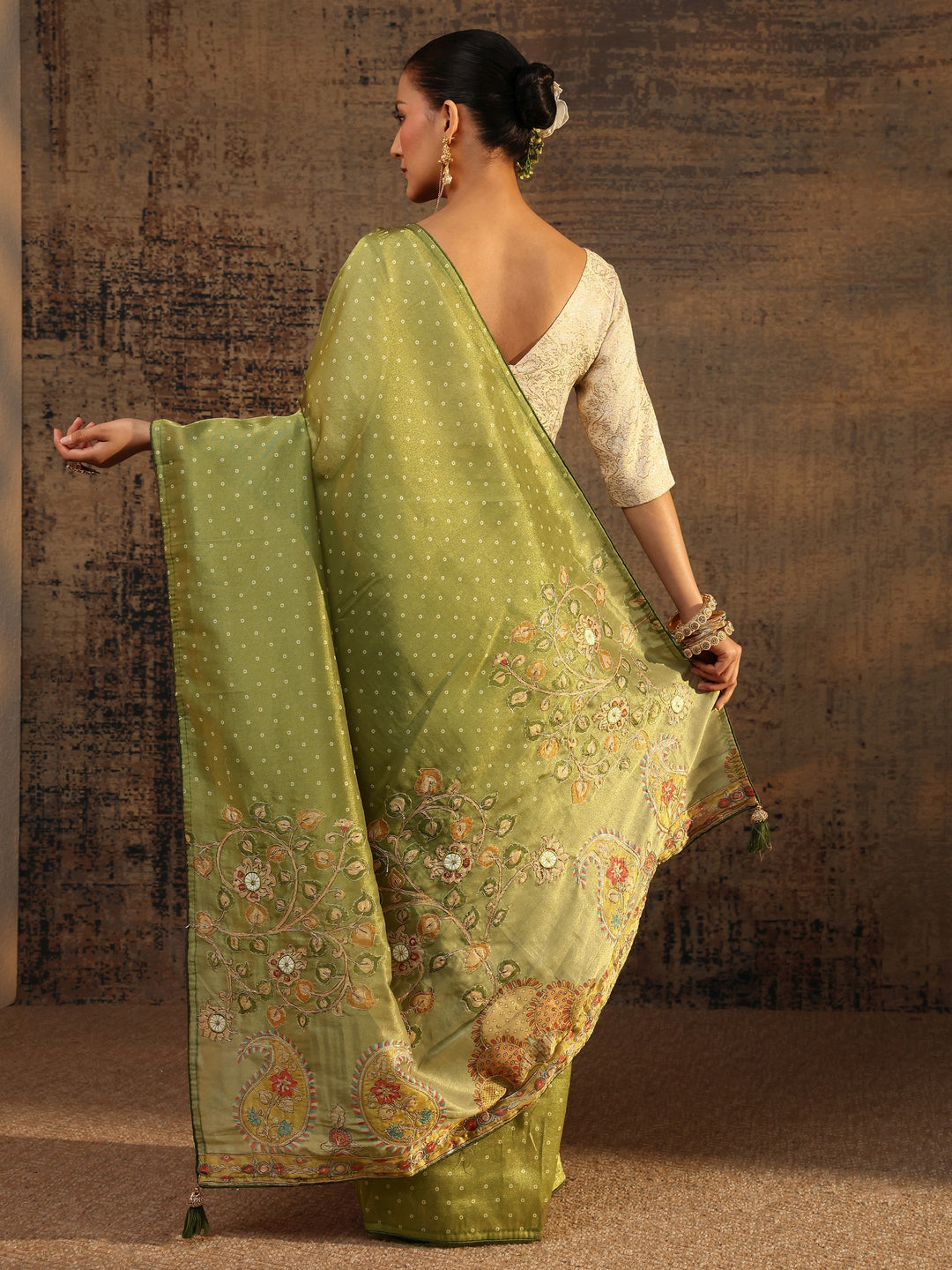  Green Floral Embroidered Tissue Saree With Unstitched Blouse Piece 