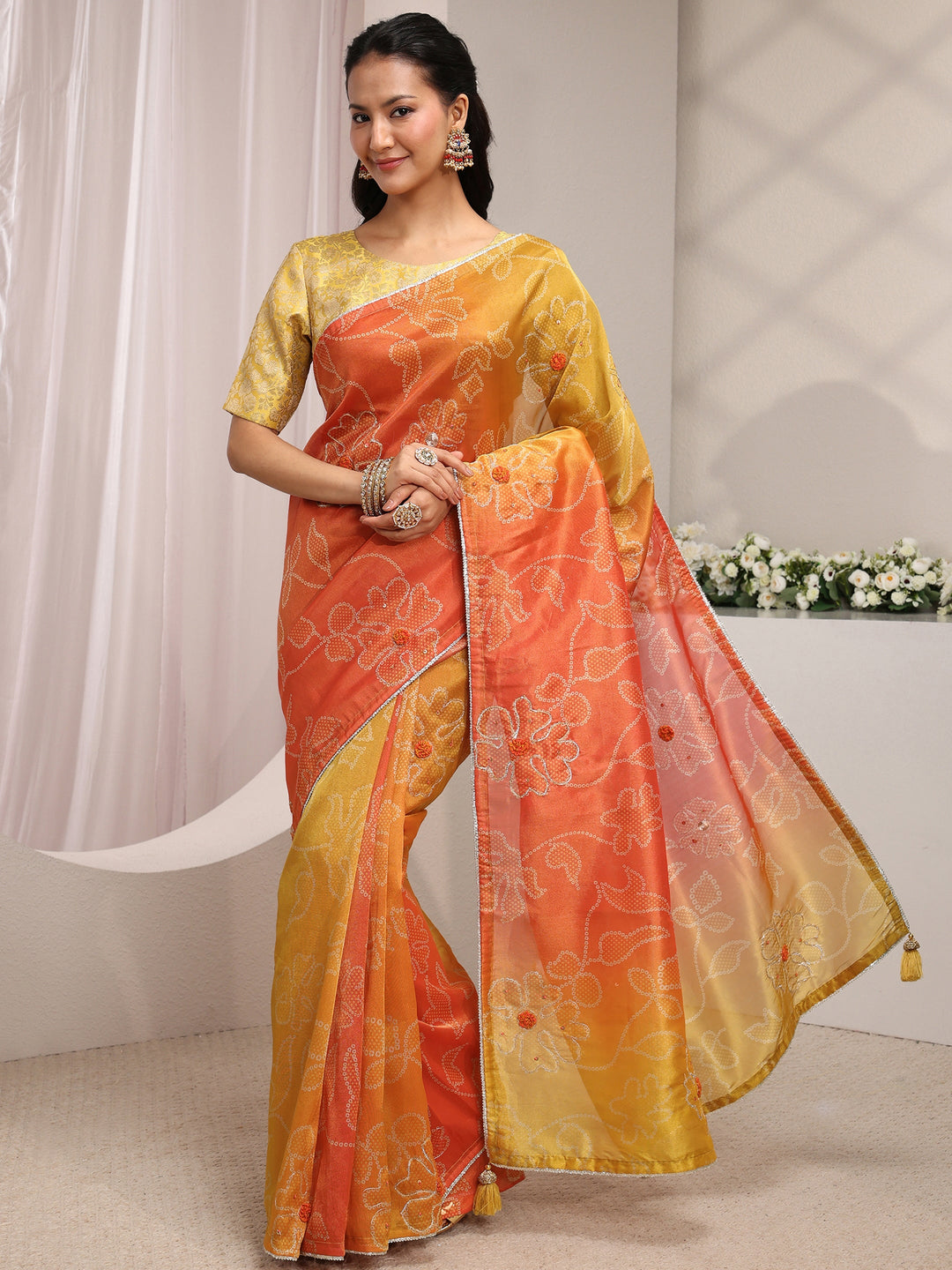  Orange Bandhani Printed Ombre Tissue Saree With Unstitched Blouse Piece 