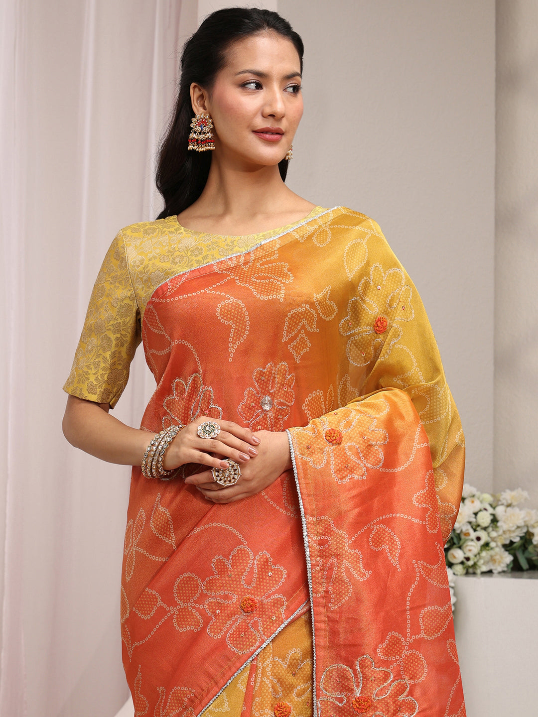  Orange Bandhani Printed Ombre Tissue Saree With Unstitched Blouse Piece 