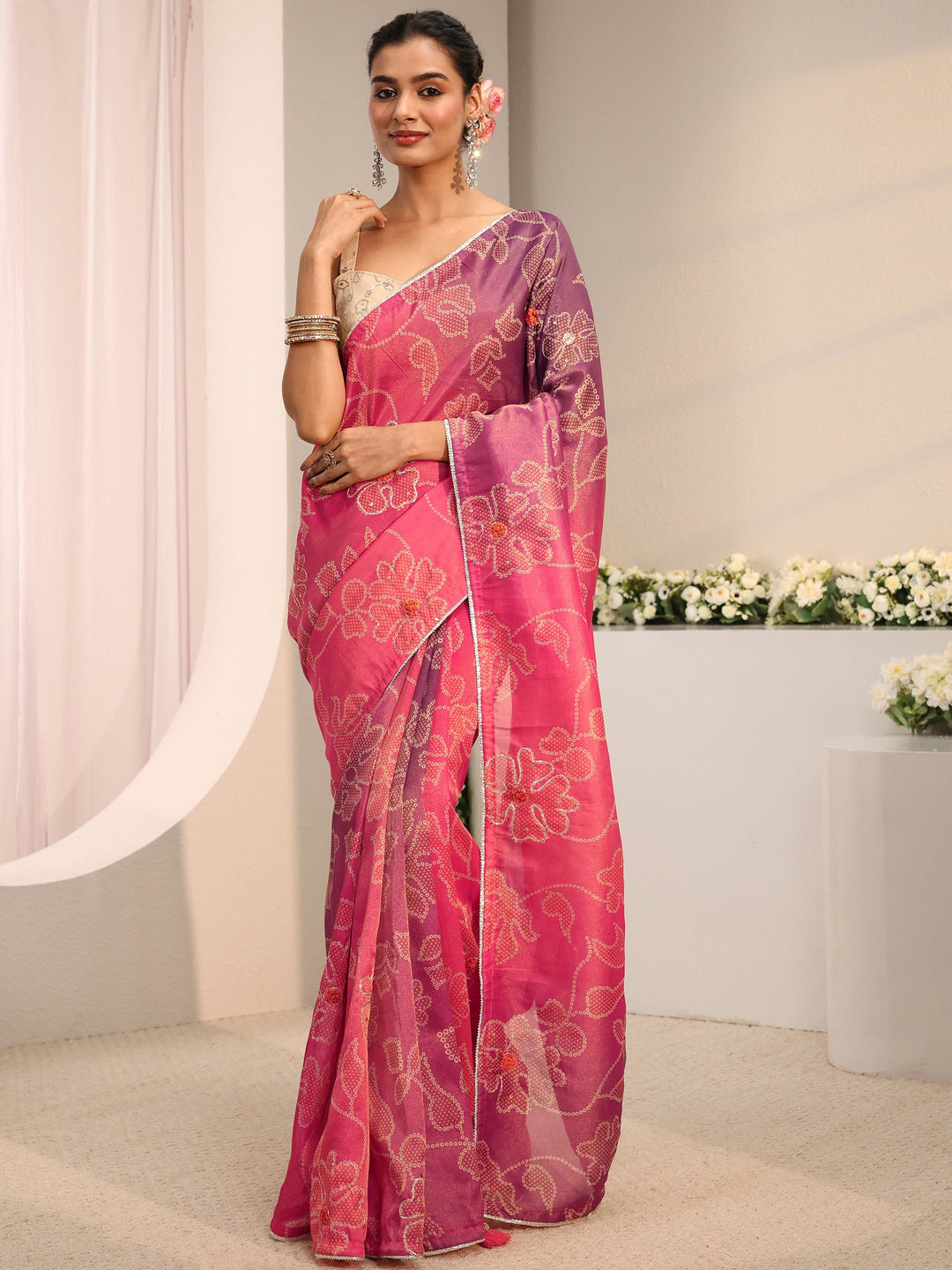  Pink Bandhani Printed Ombre Tissue Saree With Unstitched Blouse Piece 